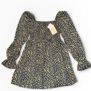 Missguided Milkmaid Shirred Bust Mini Floral Dress Yellow Navy SZ‎ 2 Cottagecore